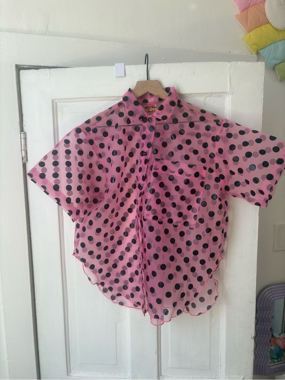 Nettle Studios OS- Sheer Pink Polka Dot Button-Up Blouse